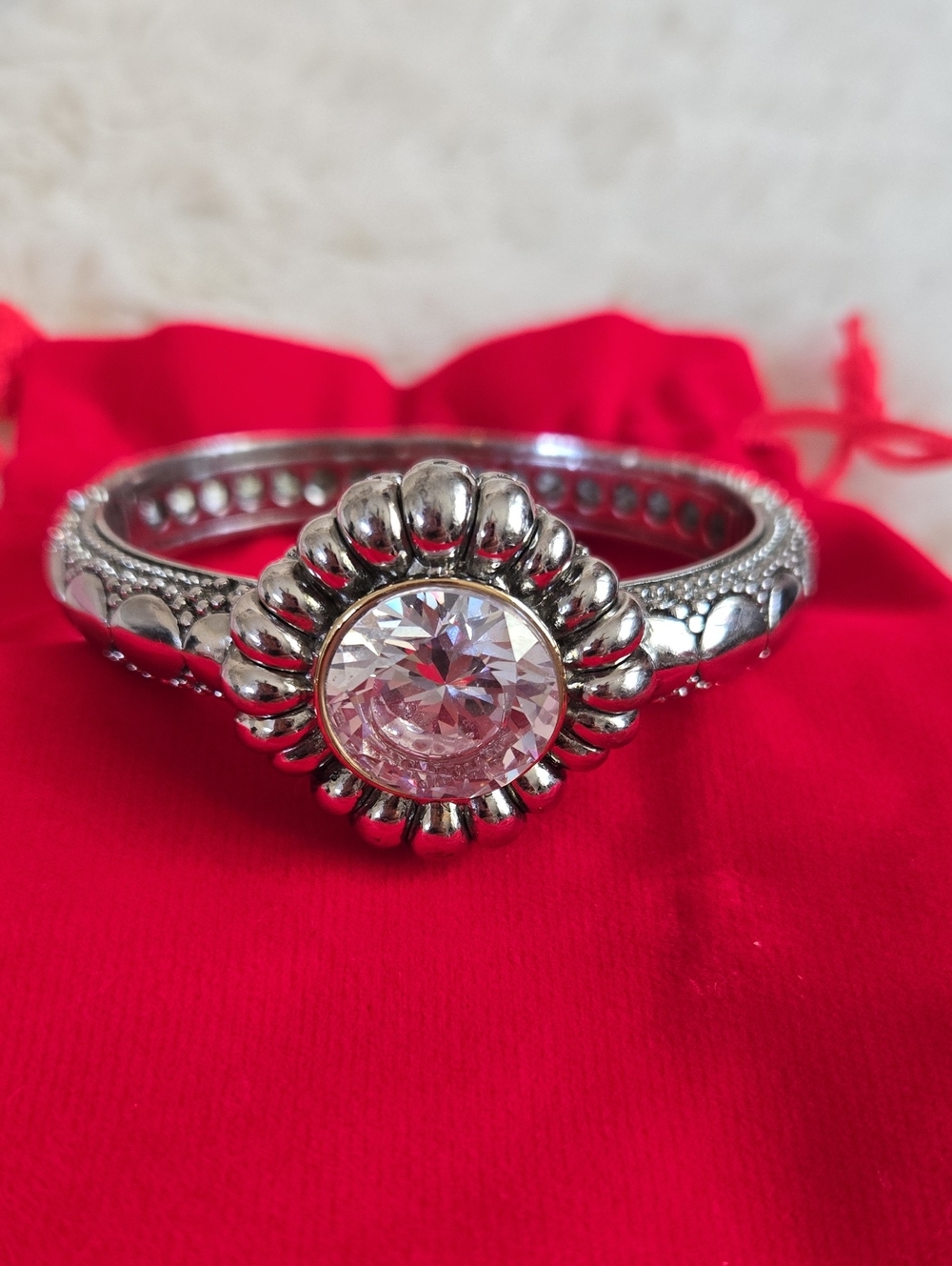 Silver-Tone Floral Halo Statement Bangle with Clear Crystal